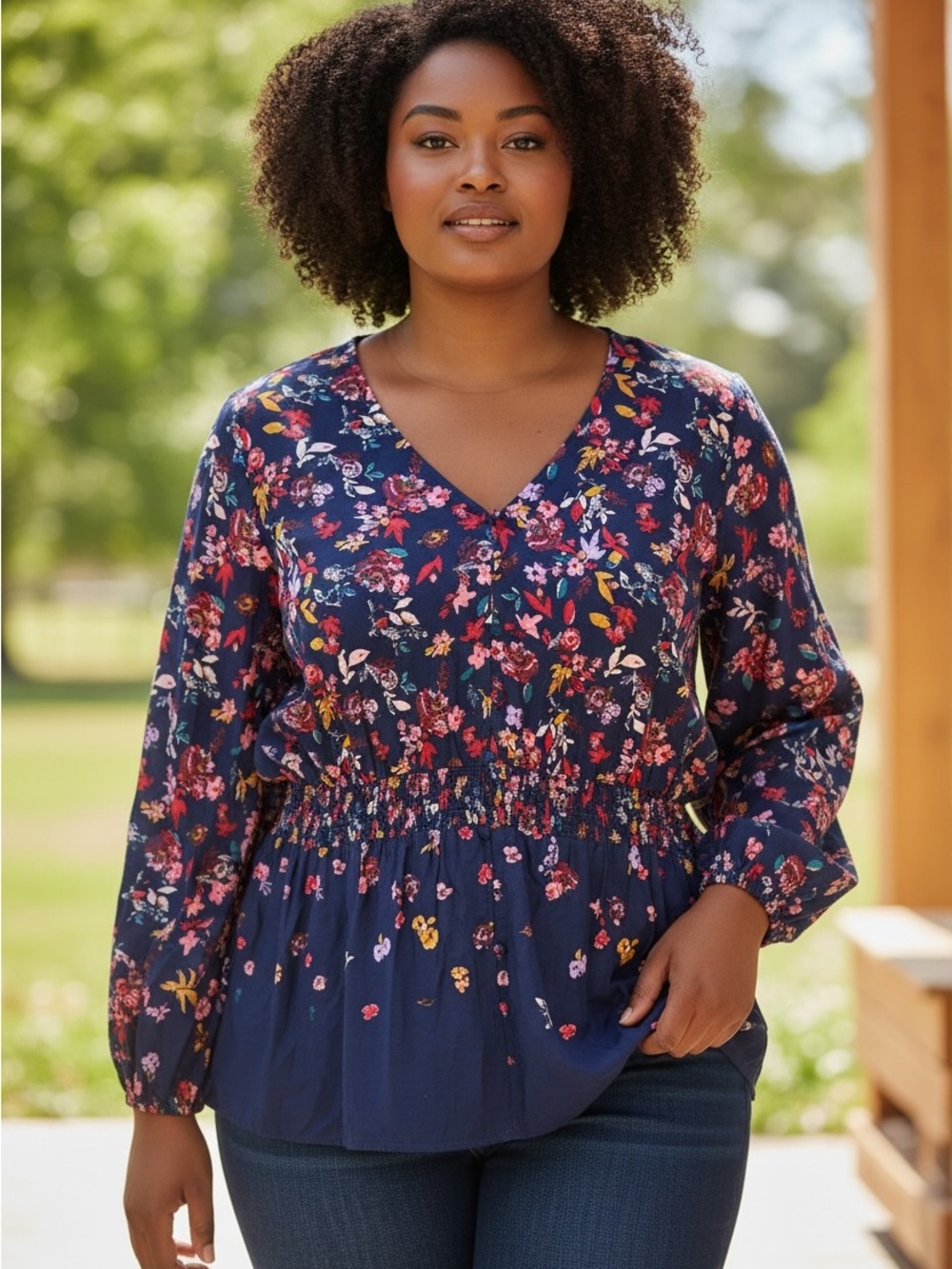 Market & Spruce Navy Multicolor Floral Smocked-Waist Blouse